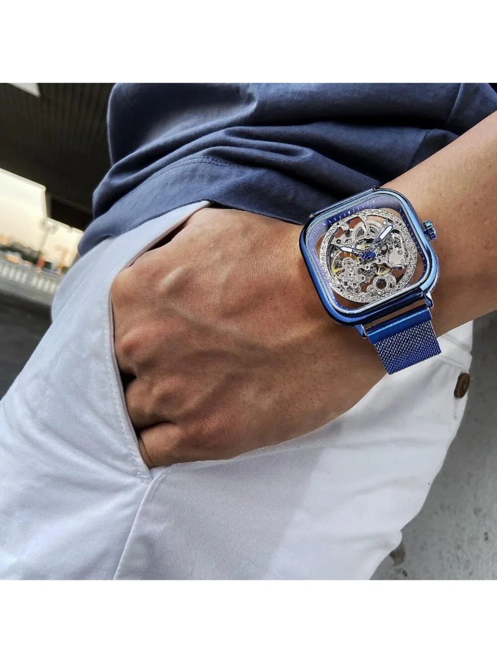 Men's Blue Automatic Mechanical Skeleton Stainless Steel Transparent Dial Watch